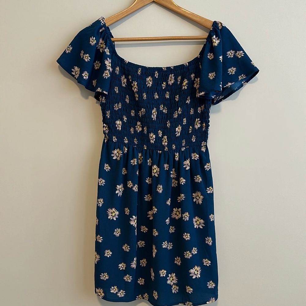 Lily Rose Smocked Floral Mini Teal Short Sleeve Dress